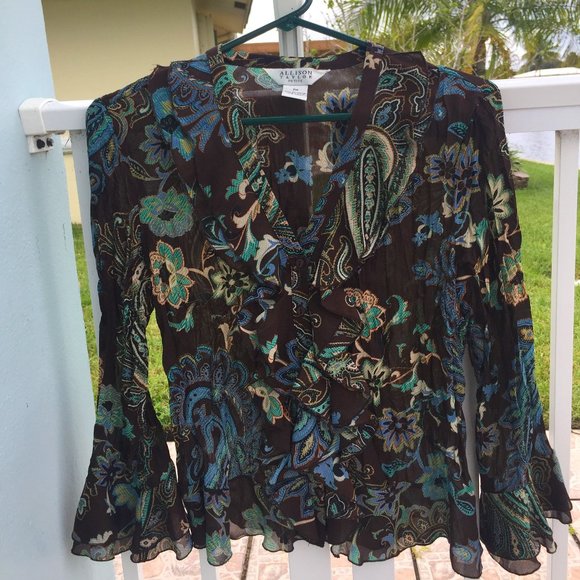 Allison Taylor Petit Ladies Ruffle V Neck Sheer Top - Picture 1 of 5